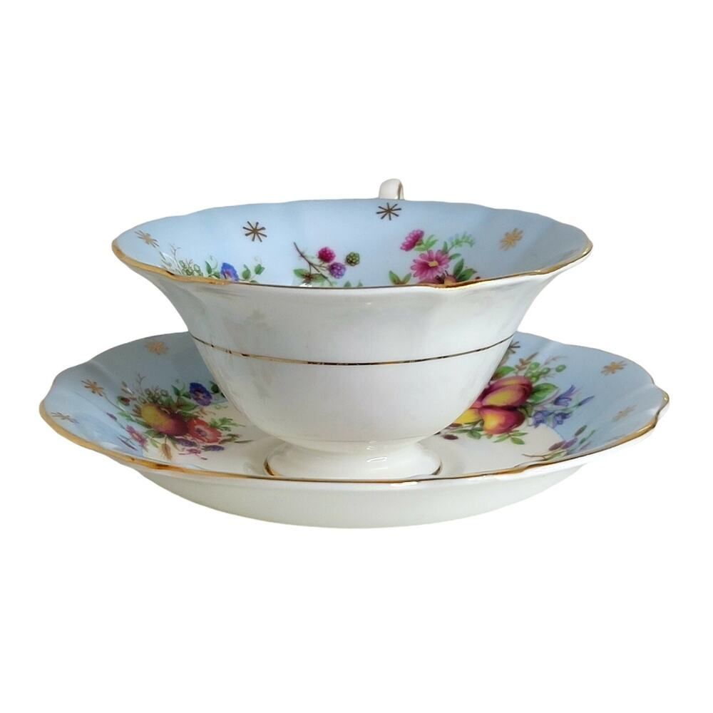 Vtg E.B Foley Beautiful Cup & Saucer Fruit Floral Sky Blue Wide Mouth Gold Rim - Picture 12 of 12